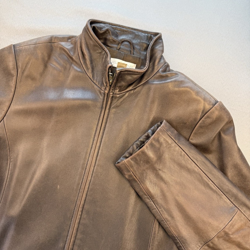 VTG Casual Corner Women's Sz M Chocolate Brown Leather Mid Jacket 90s Distressed